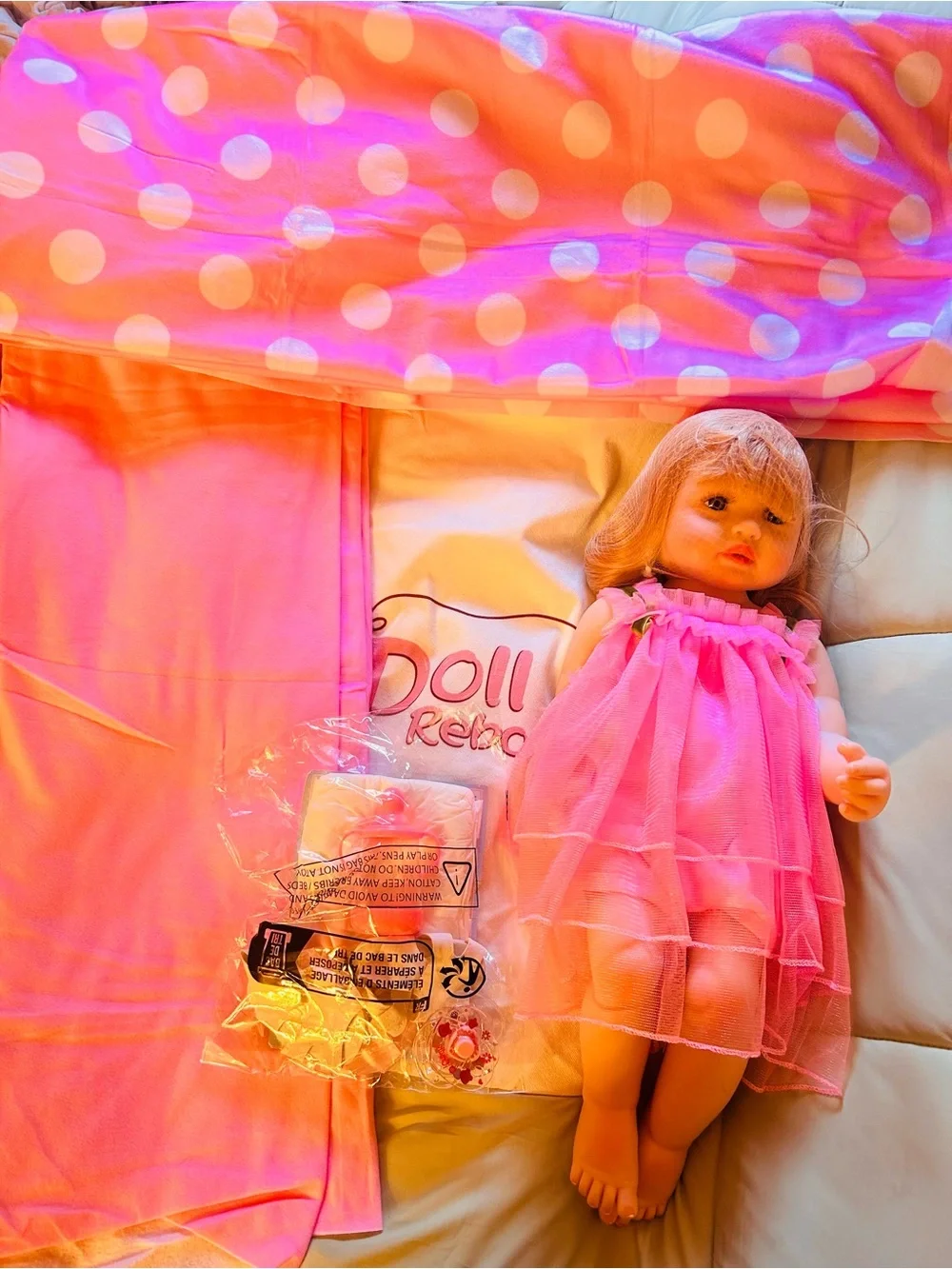 Reborn Pink Polka Dot Party Blanket Set with Pink Doll Outfit